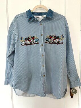 Embroidered Vintage Bobbie Brooks Striped Denim Shirt 90s Y2K — Size Large